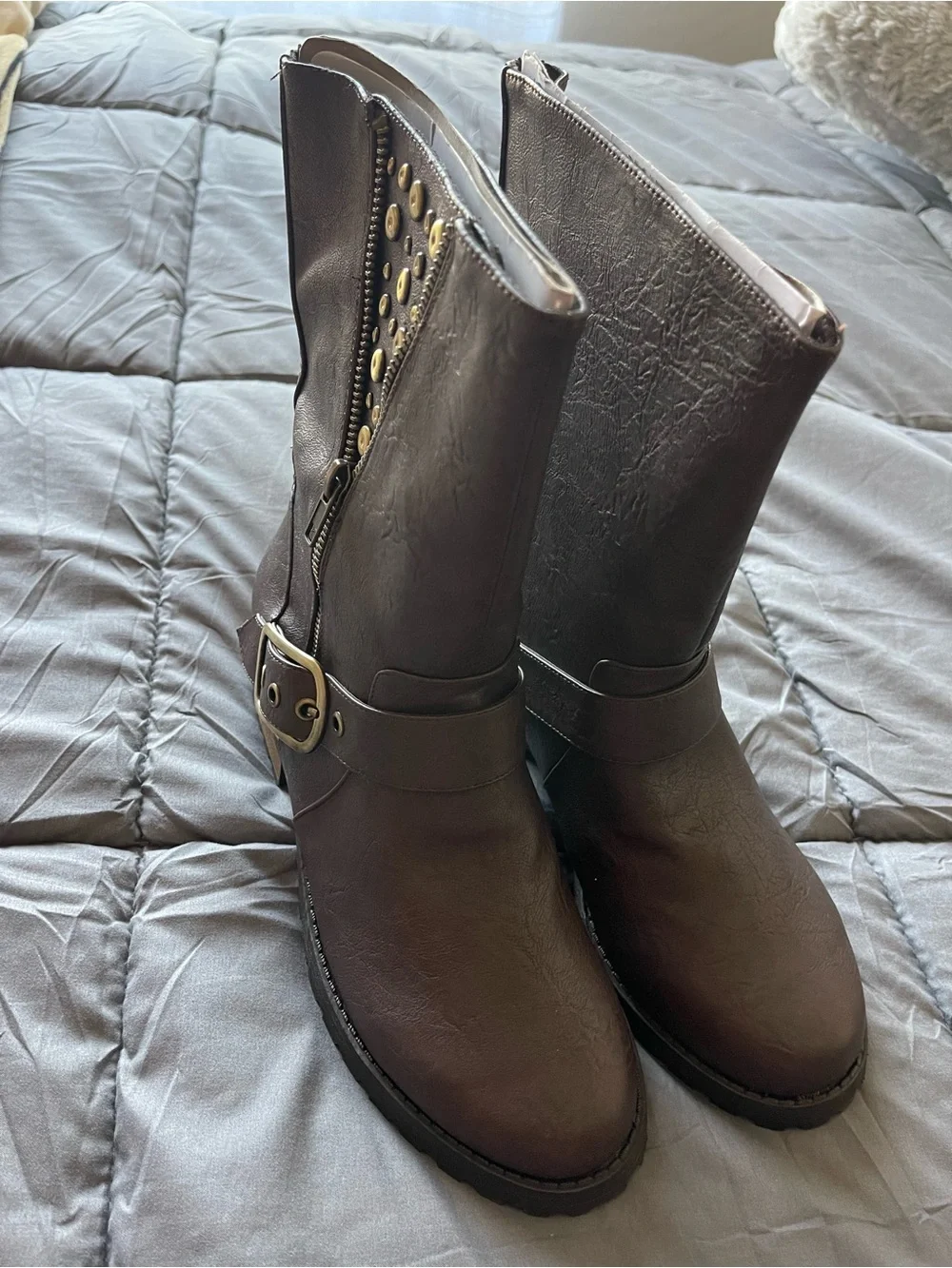 Brown Mid-Calf Buckle Boots with Stud Detail